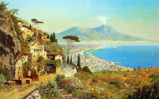 Town cliff water mountain range - kinkade free wallpaper