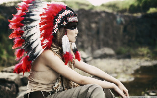 Woman native american headdress rock 3 - primitivism free wallpaper