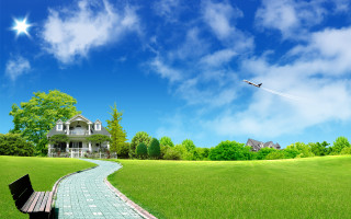 Bench grass field house kite 2 - field next free wallpaper