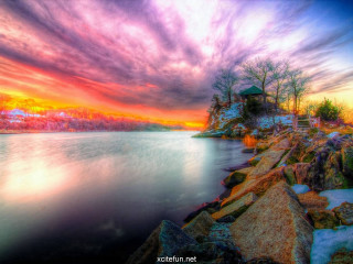 Colorful sunset lake rocks trees - colorful cloud free wallpaper