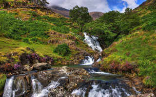 Waterfall valley grassy hillside blue - impressionist free wallpaper