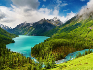 Mountain lake green trees cloudy 5 - green tree free wallpaper