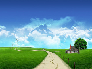 House wind turbine green field 2 - a dirt road free wallpaper