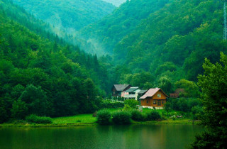 House forest lake mountain nature 3 - alen divi free wallpaper