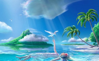Woman floating ocean bird island - palm tree free wallpaper