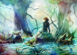 Woman rock river trees animals - a rock in a river free wallpaper