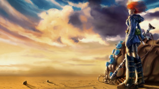 Woman standing rock desert sky - digital painting free wallpaper
