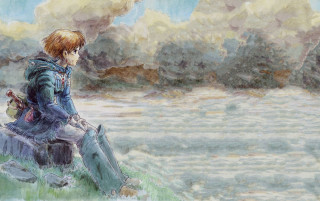 Man sitting rock water sky - a rock next free wallpaper