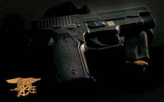Toy gun gold eagle pin - dark background free wallpaper