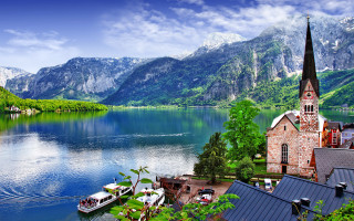 Lake church boat mountains sky - regionalism free wallpaper for desktop