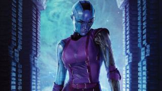 Woman purple outfit city tall - a blue sky behind her free wallpaper