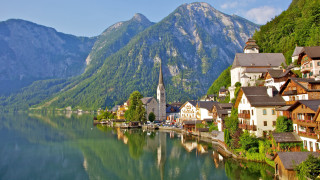 Lake houses mountains church shore - beautiful landscape free wallpaper