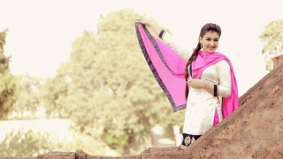 Woman white dress pink umbrella 2 - a stone wall free wallpaper