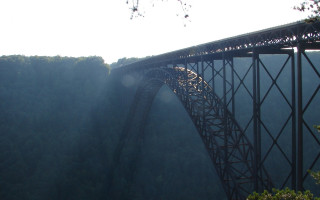 Bridge river forest foggy sky - alson s. clark free wallpaper