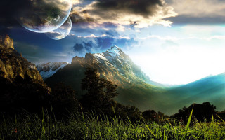 Mountain range sky planet sun - a matte painting free wallpaper