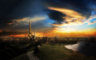 City skyline road sunset clouds - a sunset in the background free wallpaper