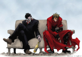 Anime characters bench sky background - a blue sky behind them free wallpaper