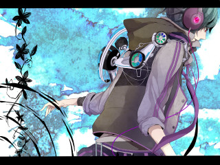 Girl headphones backpack field flowers - lineart free wallpaper