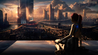 Woman sitting ledge city skyline - afrofuturism free wallpaper