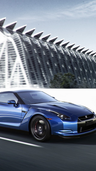 Blue sports car futuristic building - matte painting free wallpaper