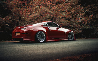 Red sports car road trees 4 - clean free wallpaper