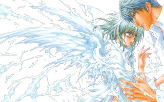 Anime couple blue hair white - white wing free wallpaper