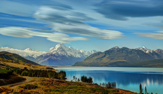 Mountain lake road clouds bridge - a matte painting free wallpaper