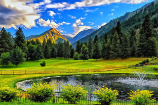Beautiful mountain pond fenced area - a painting free wallpaper for desktop