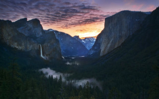 Mountain range waterfall clouds sunset - a matte painting free wallpaper for desktop