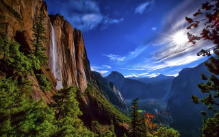 Waterfall mountain forest distant scenery - beautiful landscape free wallpaper
