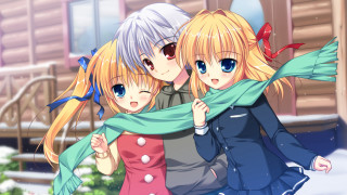 Anime girls hugging snow house 2 - a house in the background free wallpaper