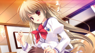 Girl longhair redbow blush schooluniform - a red bow tie free wallpaper