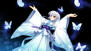 Woman white dress purple ribbon - her arm free wallpaper