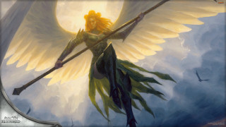 Woman stick wings staff halo - a painting of a woman free wallpaper