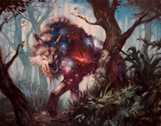 Wolf running forest stars red - an oil painting free wallpaper