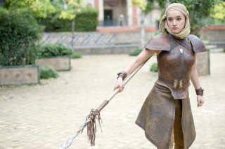 Woman costume helmet scarf stick - a costume holding free wallpaper