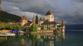 Castle lake boats cloudy sky - the shore free wallpaper