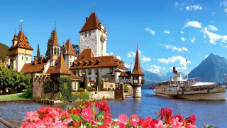 Boat castle flowers mountain range - a boat free wallpaper