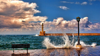 Bench brick walkway ocean lighthouse - impressionist free wallpaper