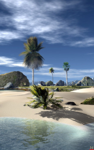 Tropical beach palm trees water - matte painting free wallpaper