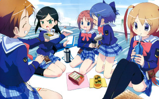 Girls sitting food drinks man - behind them free wallpaper