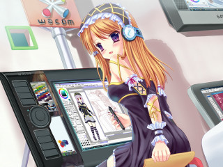Girl dress looking computer screen - a character free wallpaper