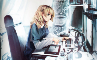 Woman laptop creepyface blonde longhair - anime art free wallpaper