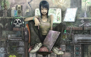 Woman chair laptop skull wall - biopunk free wallpaper