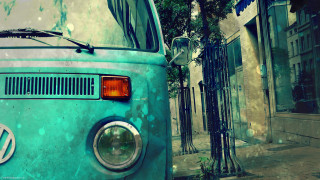Blue van parked street building - vintage free wallpaper
