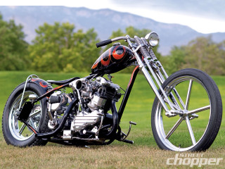 Motorcycle green field trees hillside - ed roth free wallpaper