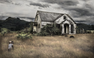 Person taking picture house field - american realism free wallpaper