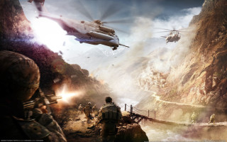 Soldiers mountain helicopter river bridge - game art free wallpaper