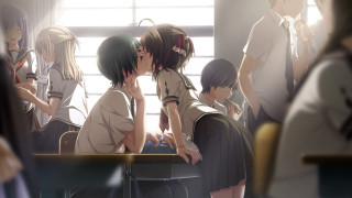 Group people table laptop kissing - a boy free wallpaper