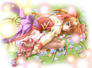 Girl flowers bow dress laying - a bow free wallpaper